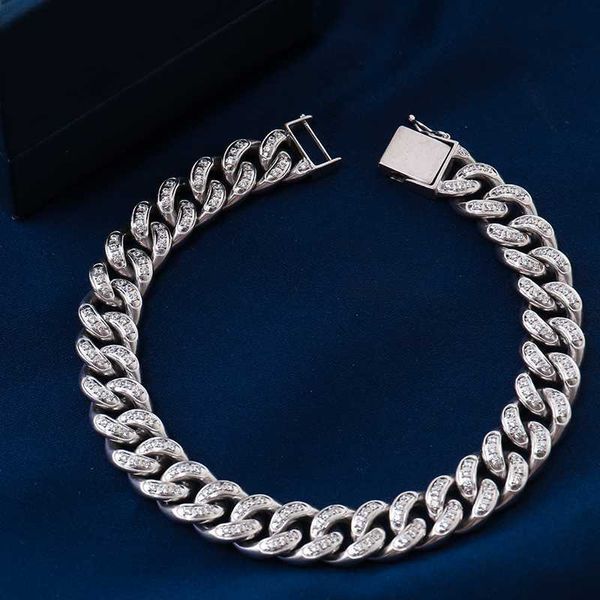 

hip hop moissanite cuban chain bracelet for men jewelry heavy gold hand iced out melee round moissanite bracelet, Silver