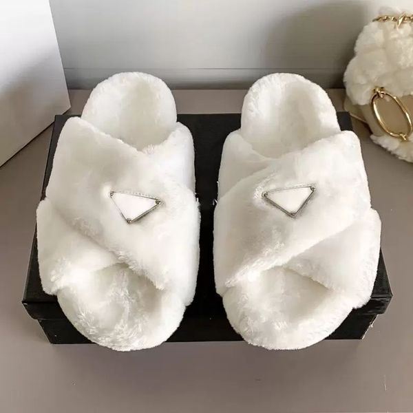 

2023 designers wool slippers autumn winter warm women slide fluffy furry sandals luxurys comfortable letters fuzzy slipper, Black