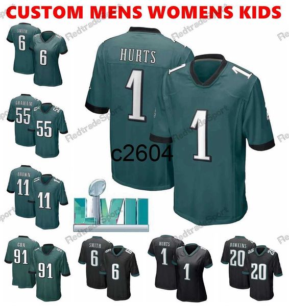 

c2604 lvii football jerseys mens womens youth jason kelce jalen hurts aj brown slay jr devonta smith goedert graham cox reddick swift mailat, Black