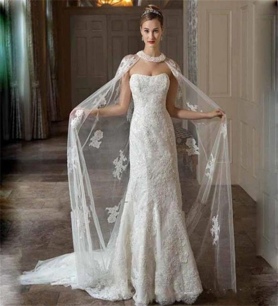 

2020 new white ivory long wedding capes cloaks tulle appliques lace custom bridal boleros jackets wraps7376486