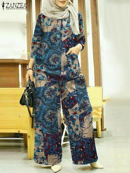

dress zanzea 2023 puff sleeve printed blouses wide leg pants fashion abaya matching sets women muslim sets female floral tracksuits, White