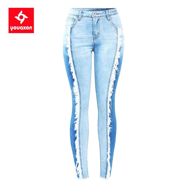 

jeans 2158 youaxon tassel jeans woman stretchy patchwork denim skinny pencil pants trousers for women, Blue