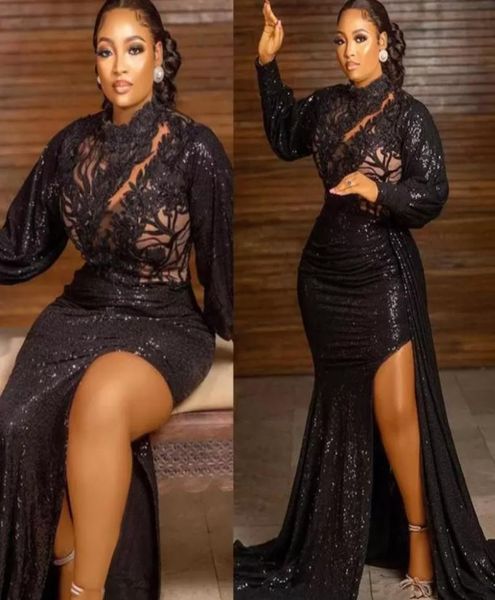

2022 new plus size arabic aso ebi black mermaid lace prom dresses high neck evening formal party second reception birthday br2242171