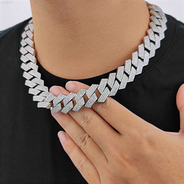 

hip-hop rap domineering exaggerated miami cuban chain 19mm four-row frozen zircon brass diamond men's cuban chain necklace, Silver
