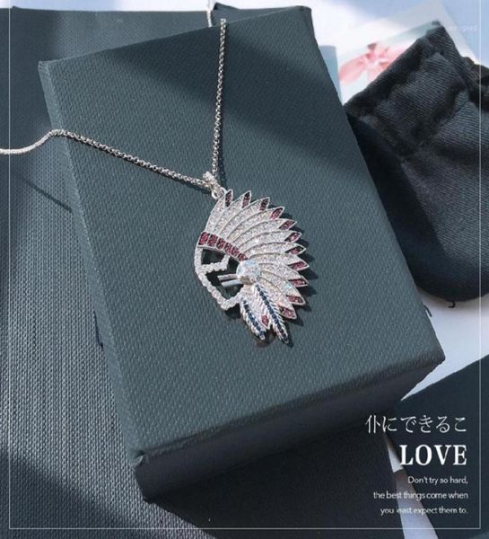 

pendant necklaces trendy brand design chief head feather necklace cubic zirconia stones adjustable chain women fine may jewelry12137513, Silver