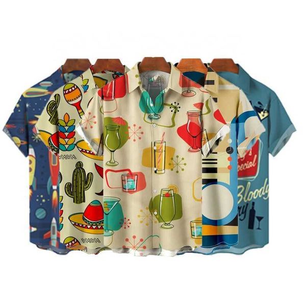 

printing custom digital drink food casual vintage short sleeve hawaiian shirt collar breathable men's shirt agyb, White;black