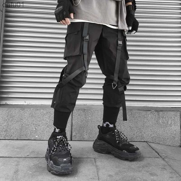 

harajuku fashion techwear men's cargo pants hip hop punk male clothing streetwear joggers high street holiday casual trousers l230520, Black
