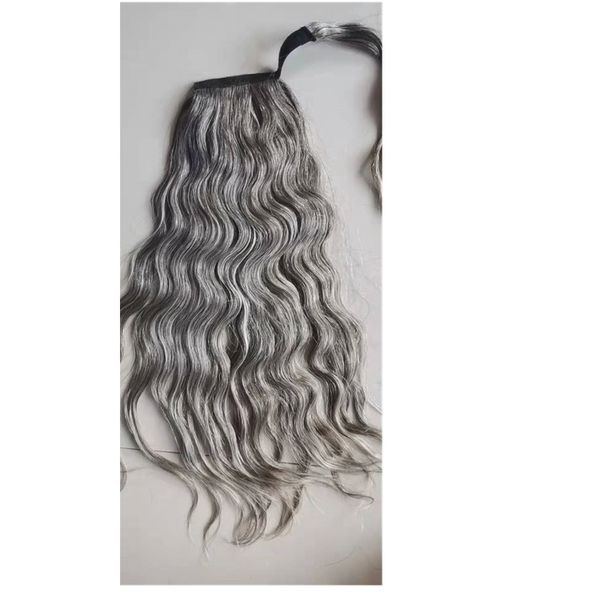 

naturla wavy silver grey drawstring ponytail human hair piece extension wraps clip in gray wet and wavy straight pony tail hairpiece 120g 10, Black