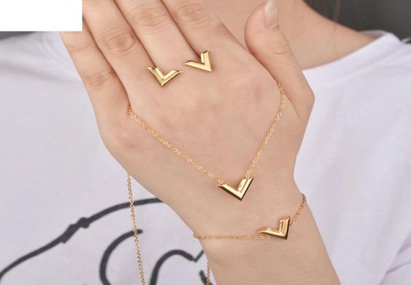 

letter v charm bracelet necklace earrings sets for women stainless steel silver gold chain bracelet v triangle cute stud earrings3667207
