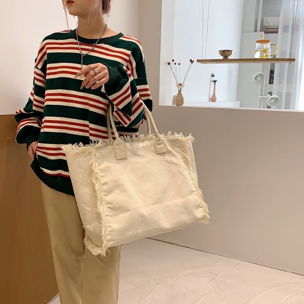 

fringed large canvas bag summer bag women's beach tote bag