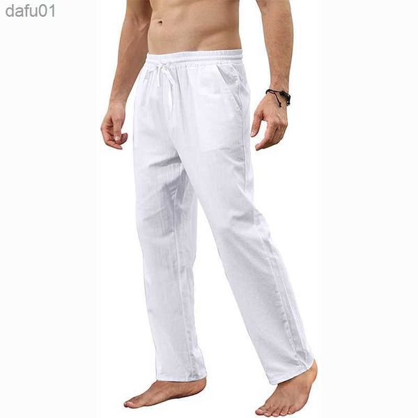 

men's cotton linen pants loose spring casual pants male breathable solid color full length drawstring jogger yoga linen trousers l23052, Black