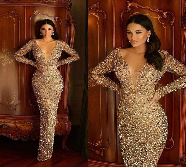 

sparkly sequined mermaid prom dresses deep v neck long sleeve beading evening gowns sweep train formal party dress vestido de novi5261896, Black