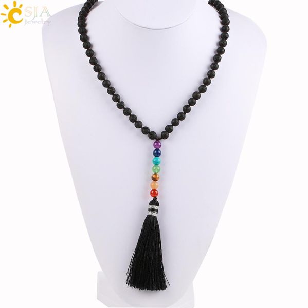 

csja natural black lava rock volcanic stone beads long necklace 7 chakra tassel pendants mala prayer women men diy meditation jewe7550173, Silver