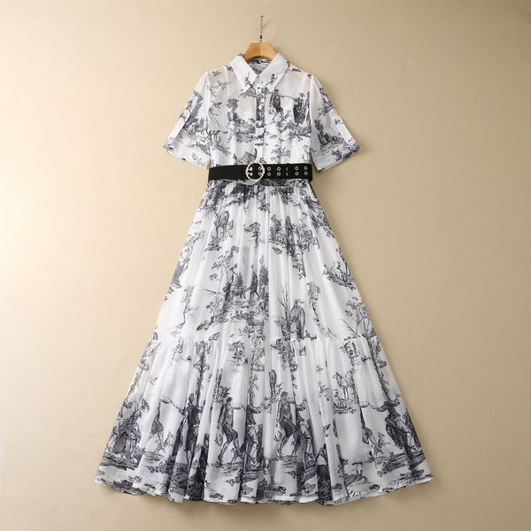 

european and american women's clothes 2023 summer new short sleeve lapel fashion belt scenic print pleated dress, Black;gray
