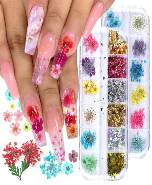 

nail stickers real natural dried flowers nails art kit supplies 3d applique manicure decoration sequins glitter decals for tips de6147962, Black