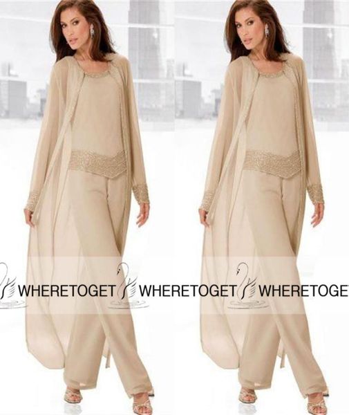

2019 champagne three pieces mother of the bride pant suits with long jackets long sleeve beaded chiffon mother plus size wedding g1718806, Black;red