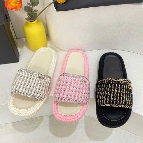 

designer chan c slides slippers tweed leather platform sandals straw woven slide sandal slip on flats fashion beach mule brand flip flops ca, Black