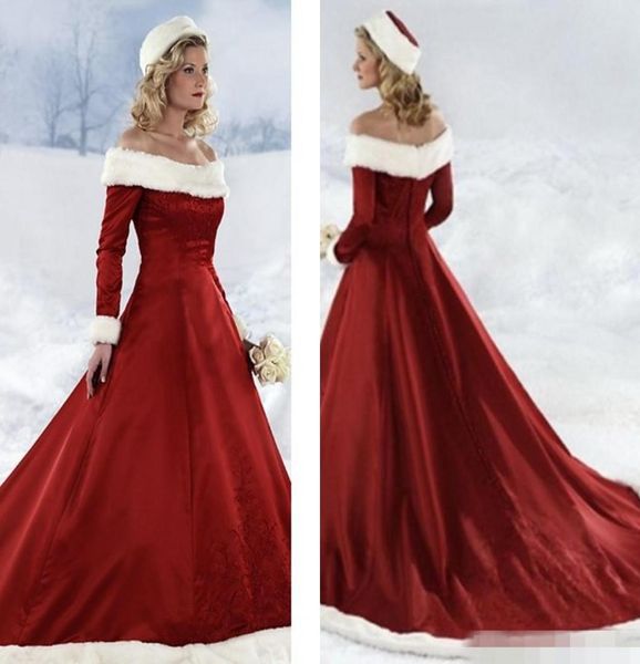 

winter wedding dresses vintage off shoulder embroideries long sleeves red bridal gowns court train fall winter christmas wedding d5529603, White