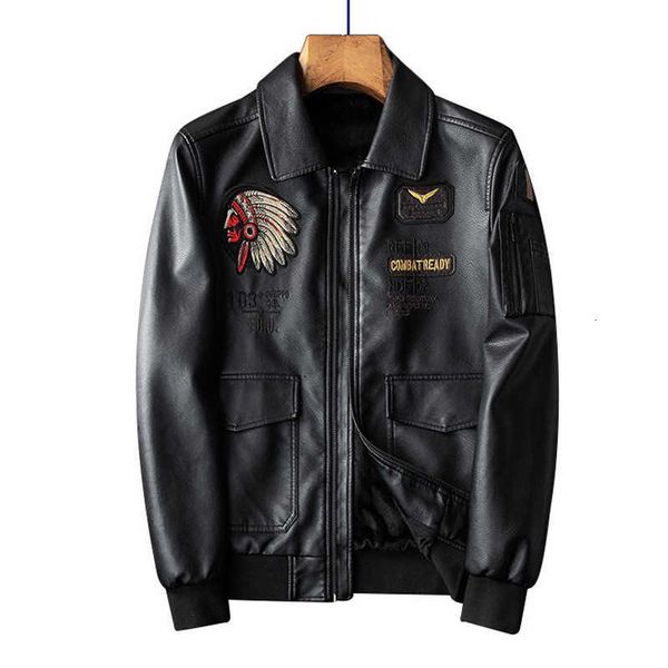 

2020 leather jacket men's flying suit indian pattern embroidered lapel pu er51, White;black