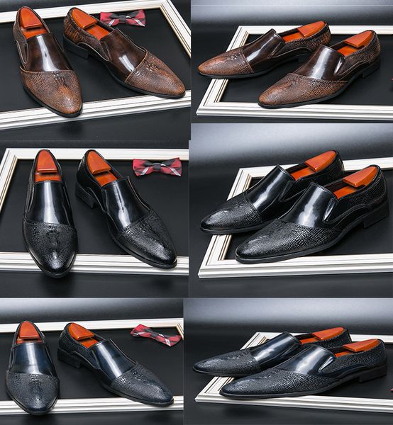 

rs shoes men glossy loafers genuine leather pointed brown black blue business office formal dress shoes party wedding flat shoe with size 38