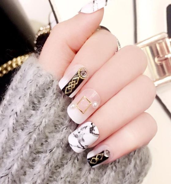

24pcs fake nails fashion nail art patch white marble gold accessories hit color group case6374570, Red;gold