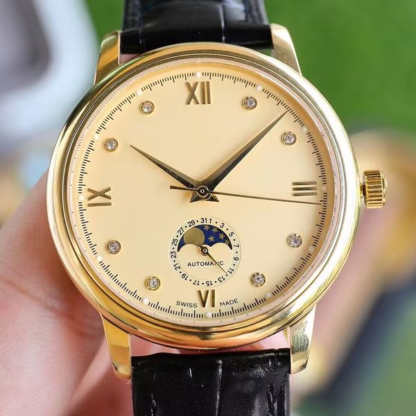 

2023 designer new watch 6-digit true calendar 24 hour lunar phase function 40mm case ultra thin 1.1mm 316l precision steel gold watch small, Slivery;brown