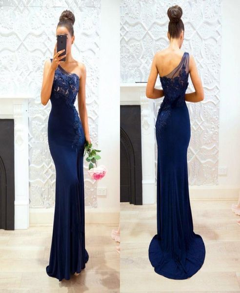 

navy blue mermaid bridesmaid dresses 2021 one shoulder appliques beads garden country wedding guest party gowns maid of honor dres2107296, White;pink
