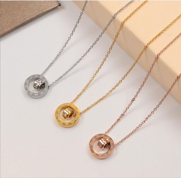 

pendant necklaces european and american digital double ring diamond pendant necklace titanium steel circular hollow short chain wholesale ne, Silver
