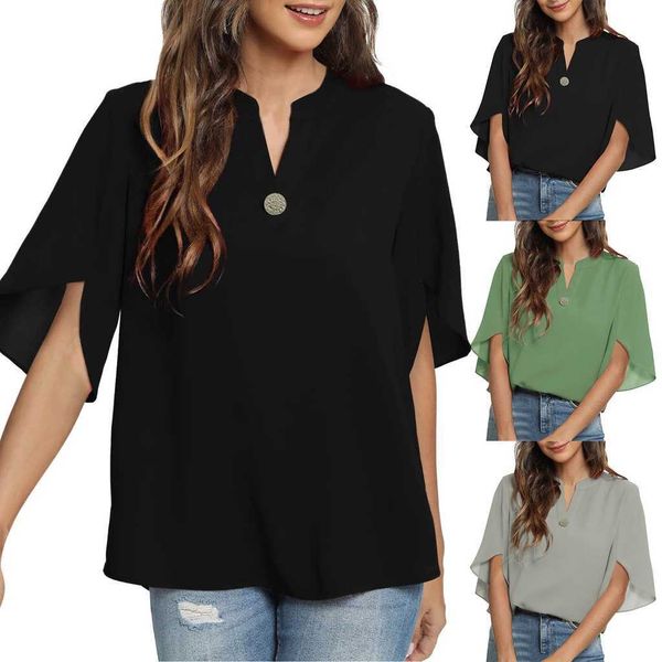 

ladies short-sleeved casual solid color v-neck chiffon shirt top, White