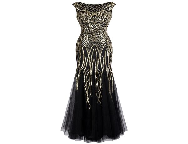 

angelfashions women039s pattern sequin bateau cap sleeve flapper mermaid evening dress party dresses prom gown black gold 3775001989