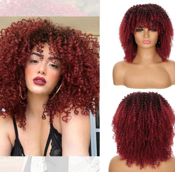 

short hair afro kinky curly wigs with bangs african synthetic ombre 1 burgundy glueless wigs for black women high temperature3535274