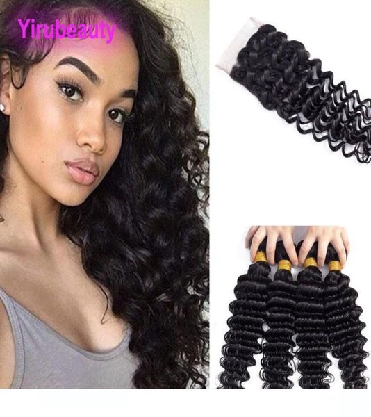

malaysian virgin human hair 3 bundles with 4x4 closure deep wave hair wefts with 4 by 4 lace closure with baby hair yirubeauty2312987, Black;brown