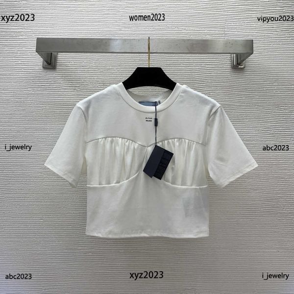

luxury women designer t-shirt girl casual t shirt chest pleated design short sleeve summer round neck tees, White