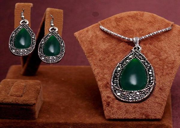 

2pcs 2014 new arrival trendy antique silver green water drop beads design necklace earrings jewelry set women5748358
