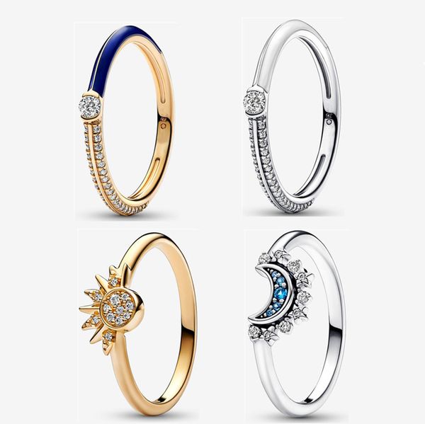 

2023 new 925 silver wedding rings for women man couple's holiday engagement gifts diy fit pandora celestial sun & moon ring designer je, Slivery;golden