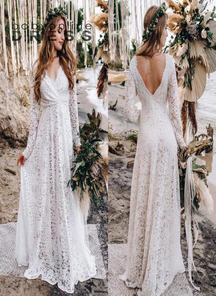 

modern full lace wedding dresses backless a line v neck long sleeve see through summer bohemian bridal wedding gowns bc112265052577, White