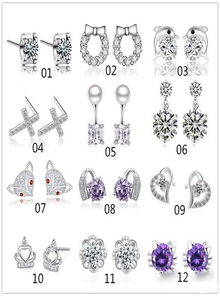 

mix style 925 sterling silver plated stud earrings heart crown cross charm earrings for women jewelry5240155, Golden;silver