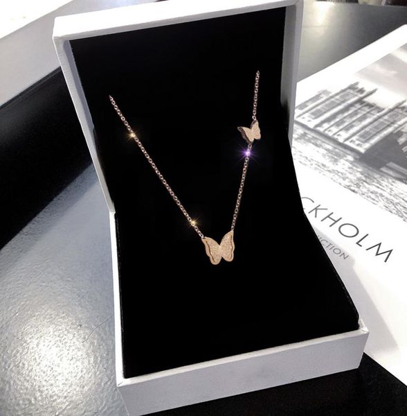 

titanium steel real gold plating sweet frosted nonmainstream design double butterfly necklace female 2020 new style clavicle chai8396562, Silver