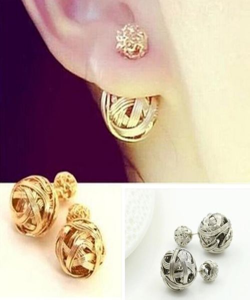 

fashion statement double hollow ball earrings stud metal gold silver color studs for women girls party ear jewelry korean style3704315, Golden;silver
