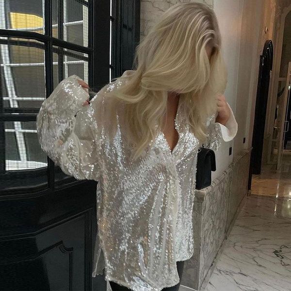 

polos 2022 autumn and winter women's casual fish scale sparkling loose coat casual longsleeved women's fashion sequined cardigan c, White