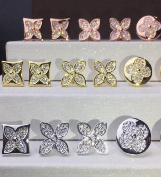 

womens designer stud earrings fashion fourleaf clover earrings 18k gold square round full diamond earring jewelry8402225, Golden;silver