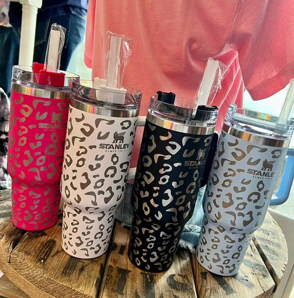 

stanley 40oz leopard cheetah print reusable tumbler adventure quencher with logo handle and straw stainless steel insulated travel