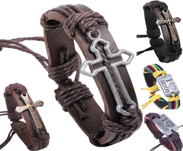 

cross bible charm braided bracelet urban jewelry handmade black genuine leather adjustable wristband retro jewelry whole1553602, Golden;silver