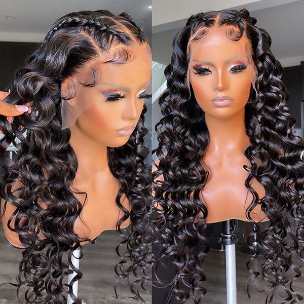 

Peruvian 13x4 Transparent Frontal Wig Loose Deep Wave Lace Front Human Hair Wigs for Women Pre Plucked Wavy Synthetic Lace Wig, Natural color