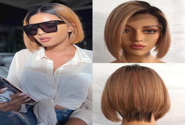 

short bob frontal lace wigs remy brazilian human hair ombre 27 color pixie cut bobs hair wig 150 density9971356, Black;brown