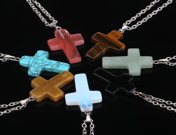 

fashion christian jewelry gemstone rock crystal quartz chakra natural stone jesus cross charm pendant lovers necklace4669259, Silver