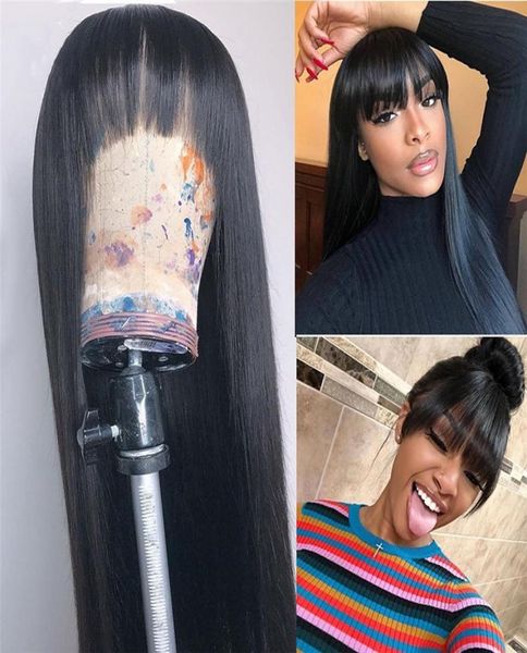 

heat resistant fiber synthetic lace front wig for black women black color silk straight lace front wigs with bangs2669683