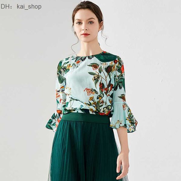 

2023 summer new luxury silk commuter round neck pullover printed ruffle sleeve 3/4 shirt, White