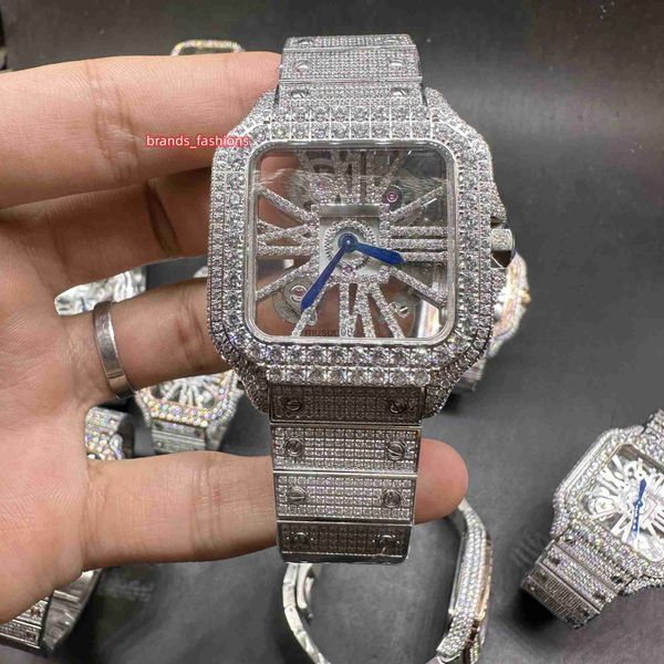 

other watches skeleton diamond dial watches the latest mens hip hop watch in 2023 silver case iced out large diamond bezel quartz movement w, Slivery;black