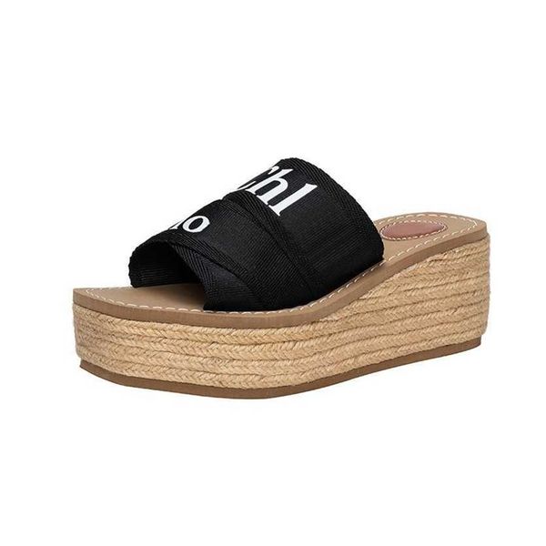 

branded women woody tote shoes sandal platform slides designer slippers wedge mule canvas leather flat espadrille fashion summer beach high, Black